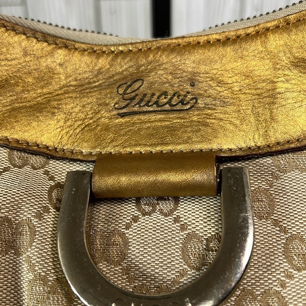 GUCCI GG Canvas Gold Leather Hobo Shoulder Bag - Picture 14 of 14